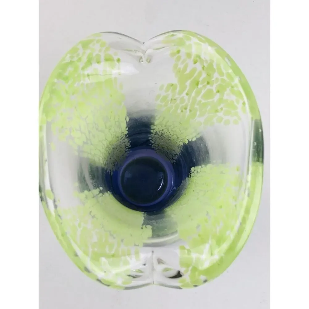 Art Glass Blown Vase 8” Blue Lime Green Splatter Speckle Stripe Wide Mouth Flare